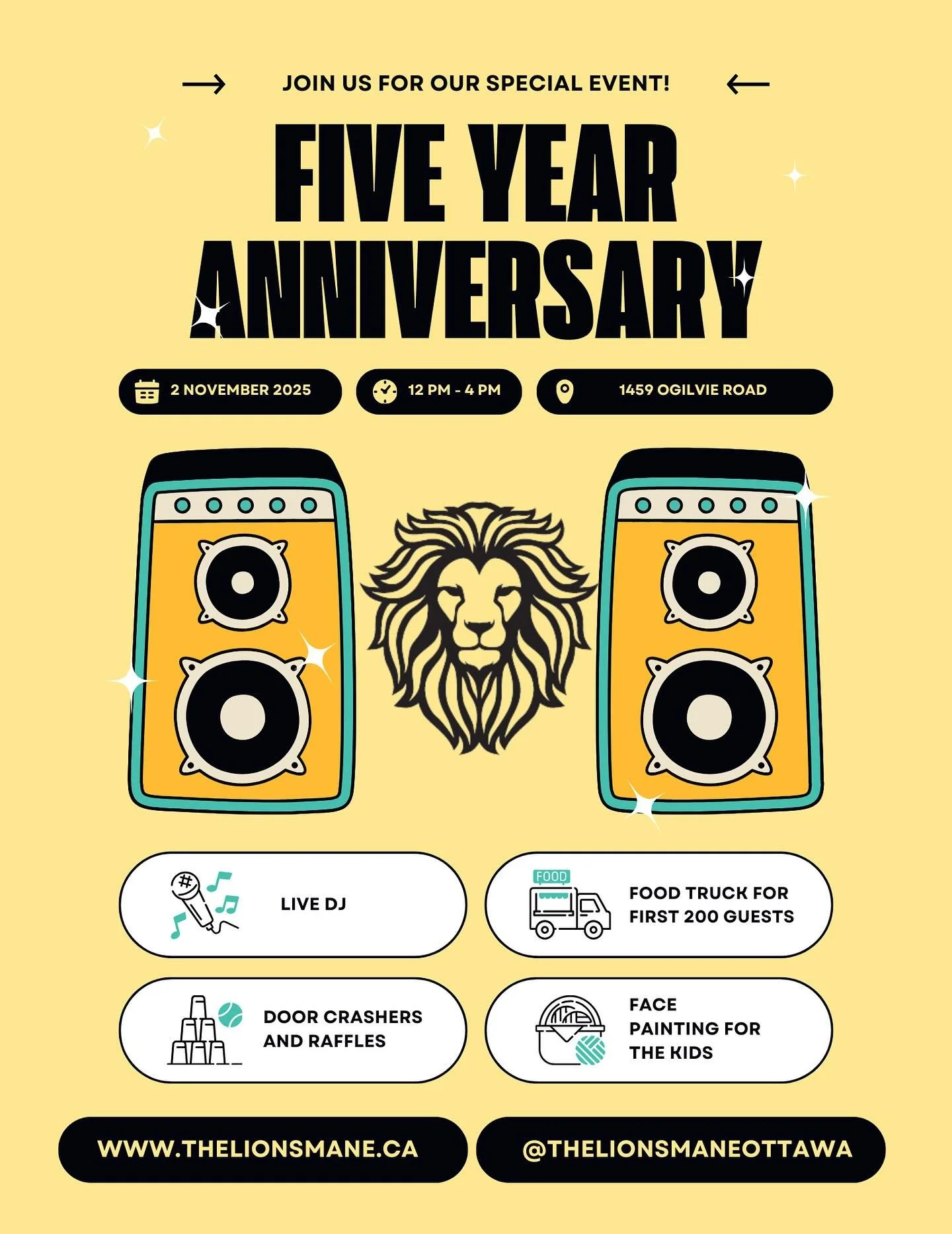 🎉 We&rsquo;re turning FIVE! 🦁✨

Join us on Sunday, November 2nd from 12&ndash;4 PM at 1459 Ogilvie Road as we celebrate The Lion&rsquo;s Mane&rsquo;s 5-Year Anniversary!

Come through for:
🎧 Live DJ
🌮 Food truck for the first 200 guests
🎟️ Door 