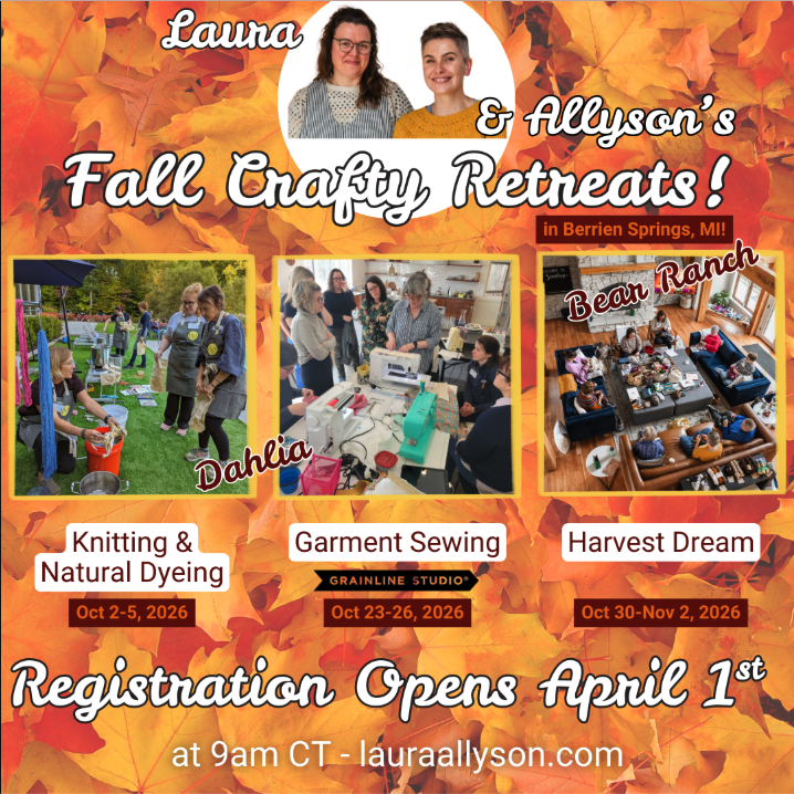 Flyer for Laura and Allyson's Fall Crafty Retreats with photos of the hosts, craft activities, and a cozy indoor gathering, set against an autumn leaf background.