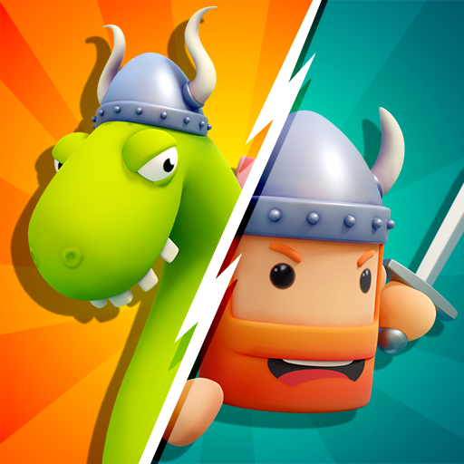 Cartoon Viking character facing off against cartoon dragon character, separated by lightning bolt, in a colorful game or animation style.