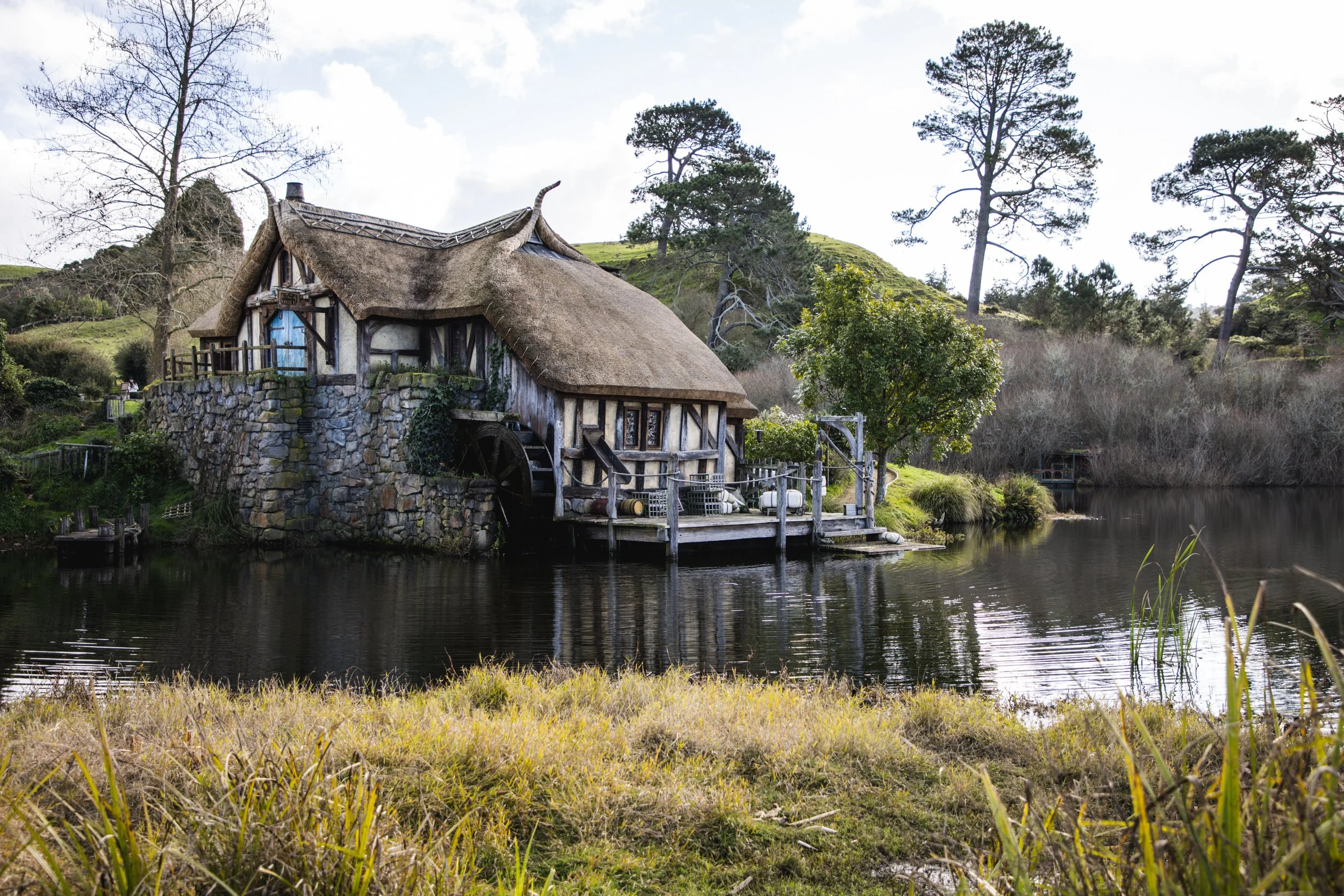 Hobbiton movie set cottage from Lord of the Rings with pond and countryside scenery