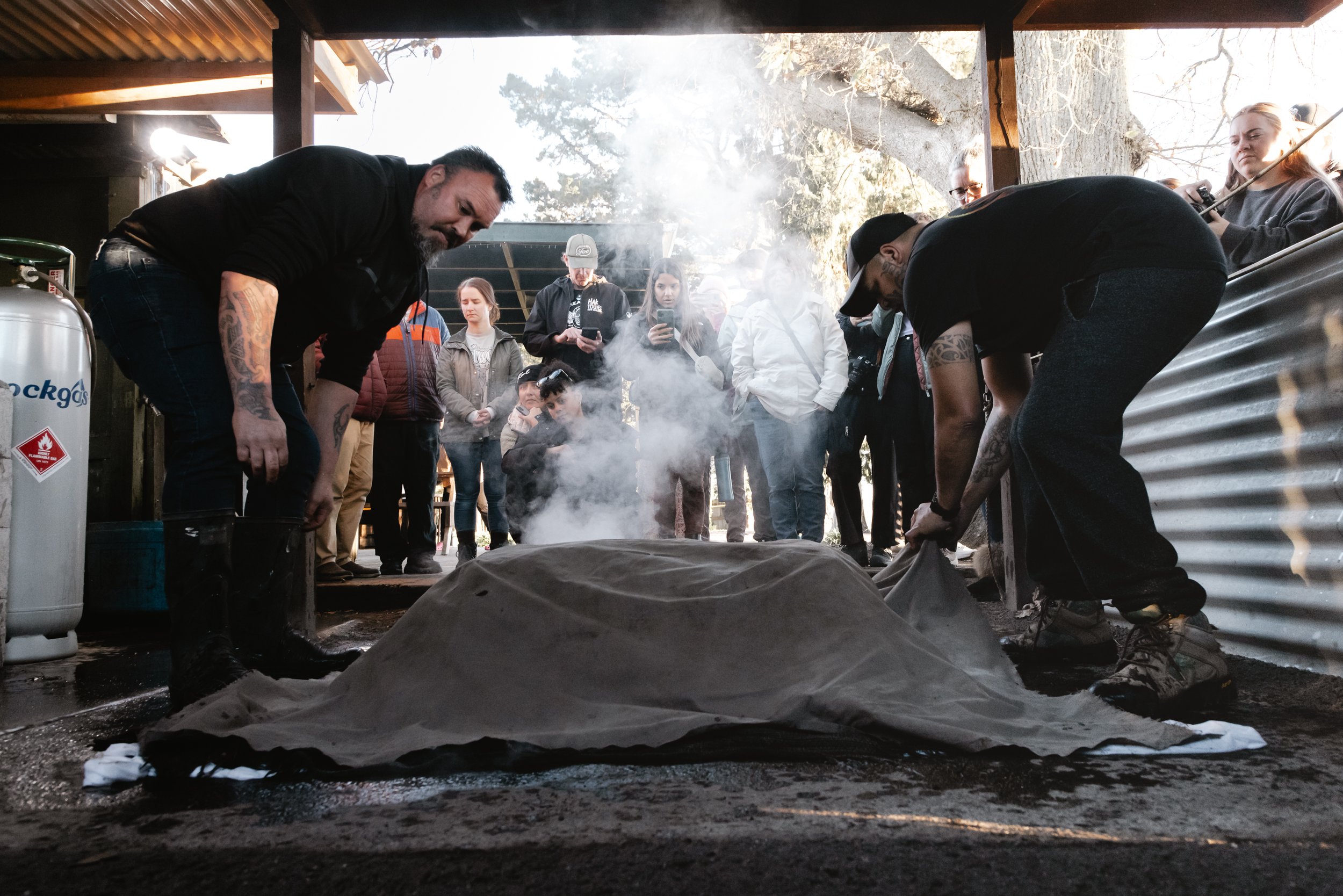 Māori hāngī preparation with food cooking underground covered in earth, traditional feast in New Zealand