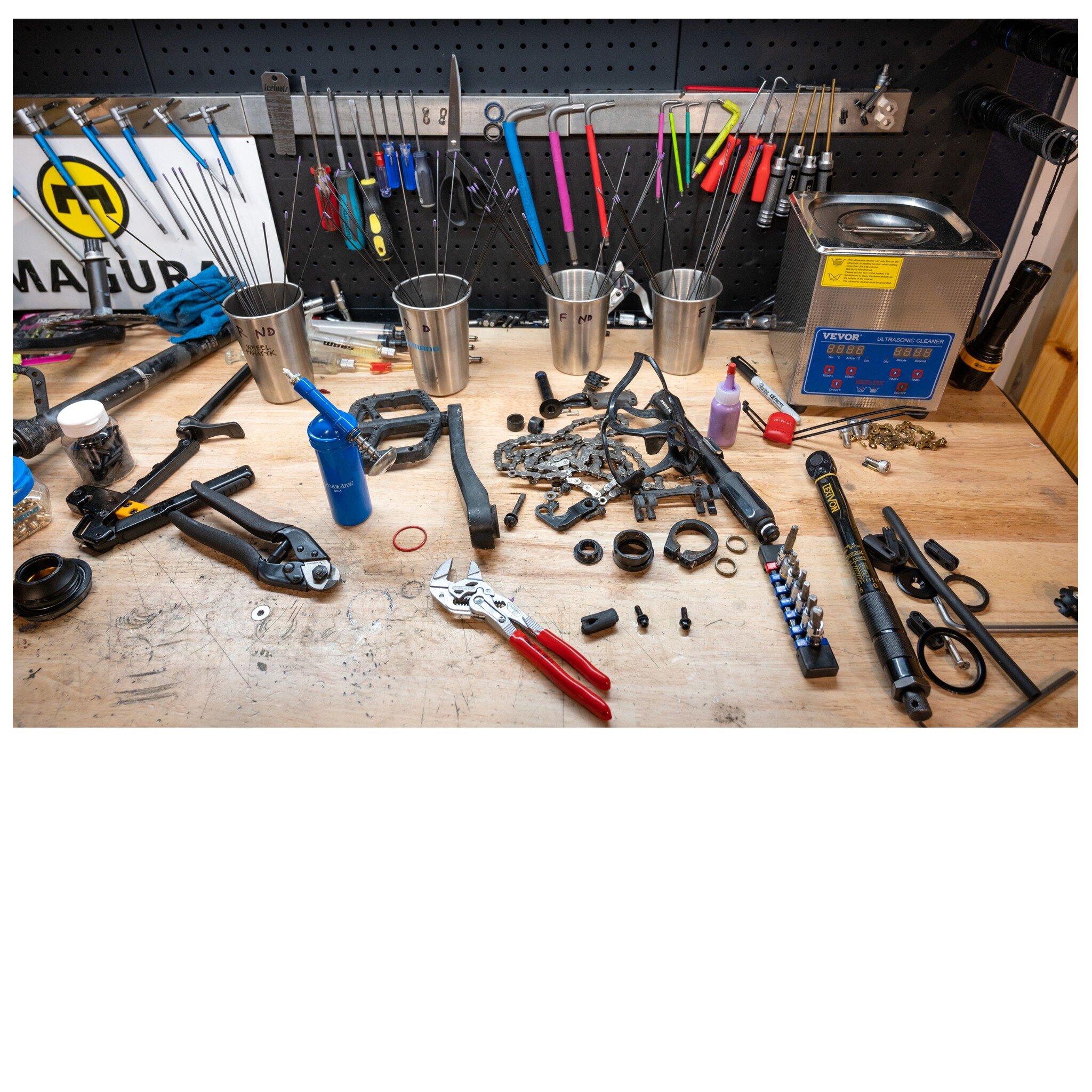 When James&rsquo; workbench gets like this, you know he&rsquo;s deep in it. 

With ⛈ in the forecast, now&rsquo;s a great time for bike maintenance. Visit our website to schedule an online appointment. Unless we need to order parts, you&rsquo;ll get 