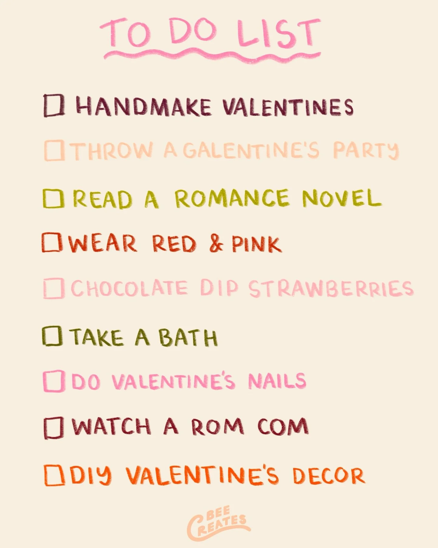 Lots to do! I absolutely love February ❤️ What do I need to add to my list??

Valentine&rsquo;s - festive illustration - surface design - art licensing - February - colorful art - to do list - hand lettering - typography - spot illustration