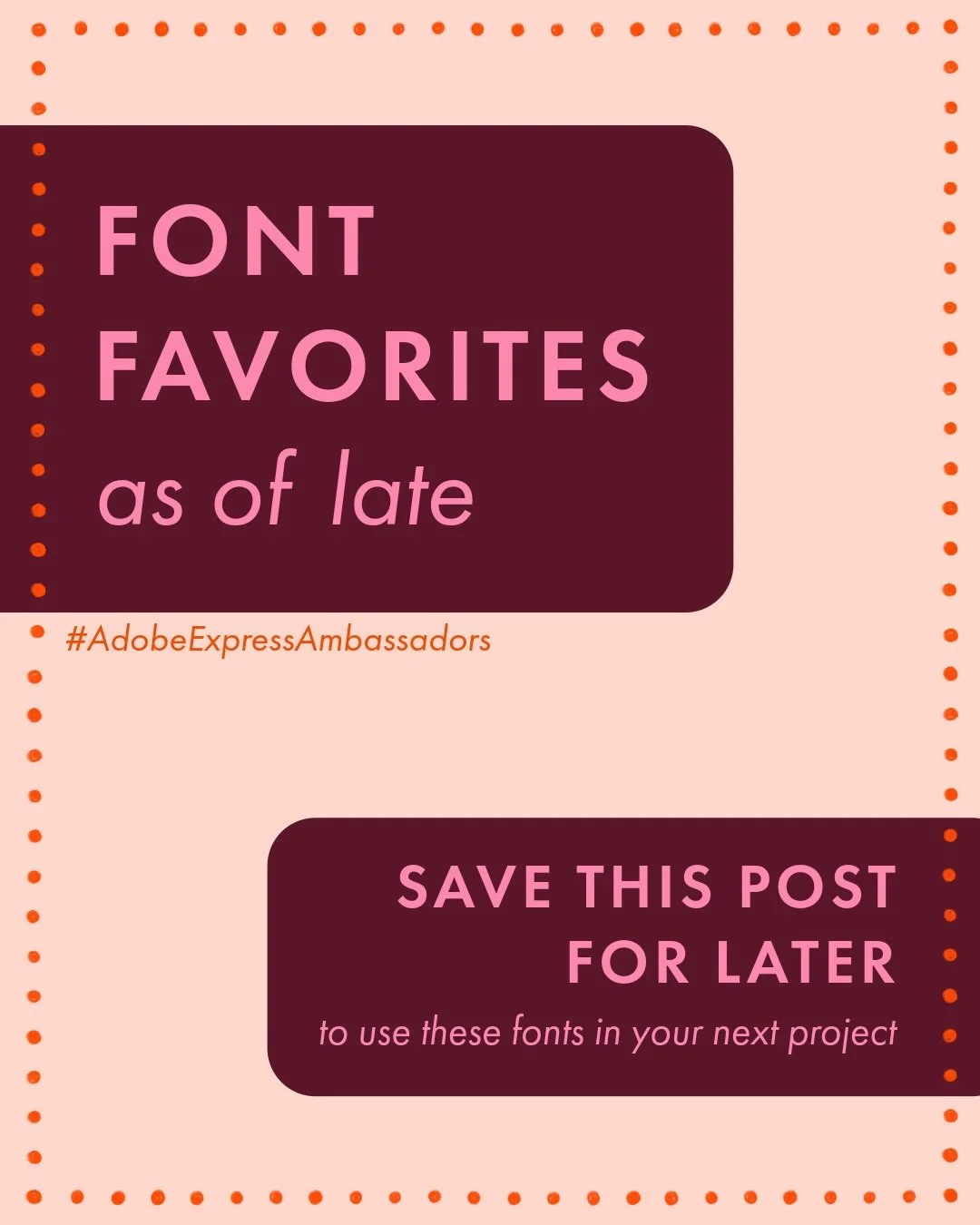 Which of these is your fav?? I think mine is yink 🌀

One of the things I love most about Adobe Express is access to the incredible font library! As a creative I&rsquo;m always so curious what fonts people are using and on the hunt for cool new fonts