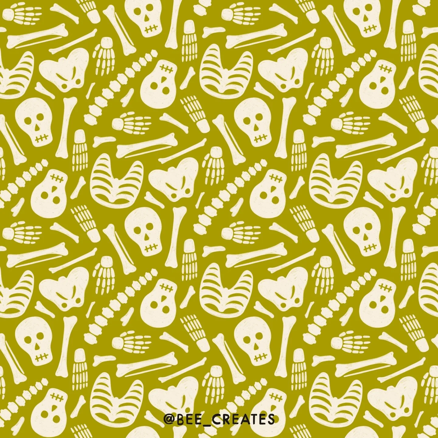 The name of this pattern is: Bone to be Wild 💀

Surface pattern design | Halloween art | fall vibes | autumn aesthetic | art for licensing | skeleton | repeat pattern