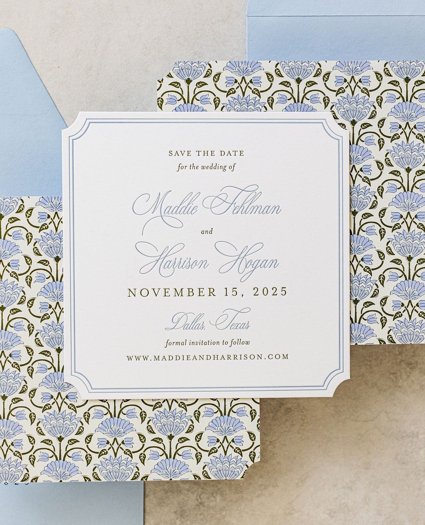 The only Blues we like are something blue for our brides to be! 🩵💍⁠
This 2 color letterpress with blues throughout the pattern to the envelope created the perfectly polished and chic Save the Date for this sweet couple!⁠ @maddiefhogan 
⁠
Congratula