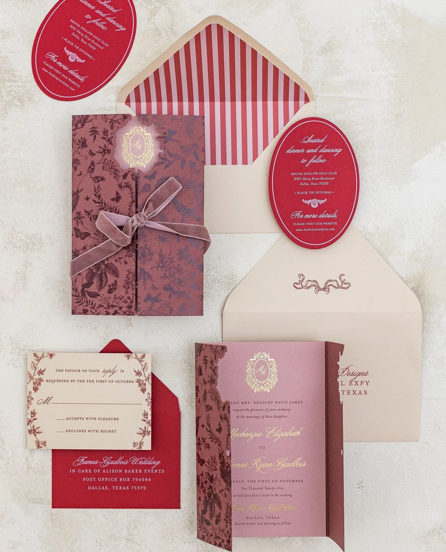 From the First Hello, to EVERY Hurrah!✨️⁠
⁠
This wedding suite for Mackenzie and Ryan carried through the sweet pinks and reds and wiener dogs too, all the way from the Save the Date to the Invitation and Bridal Luncheon! We love creating a through l