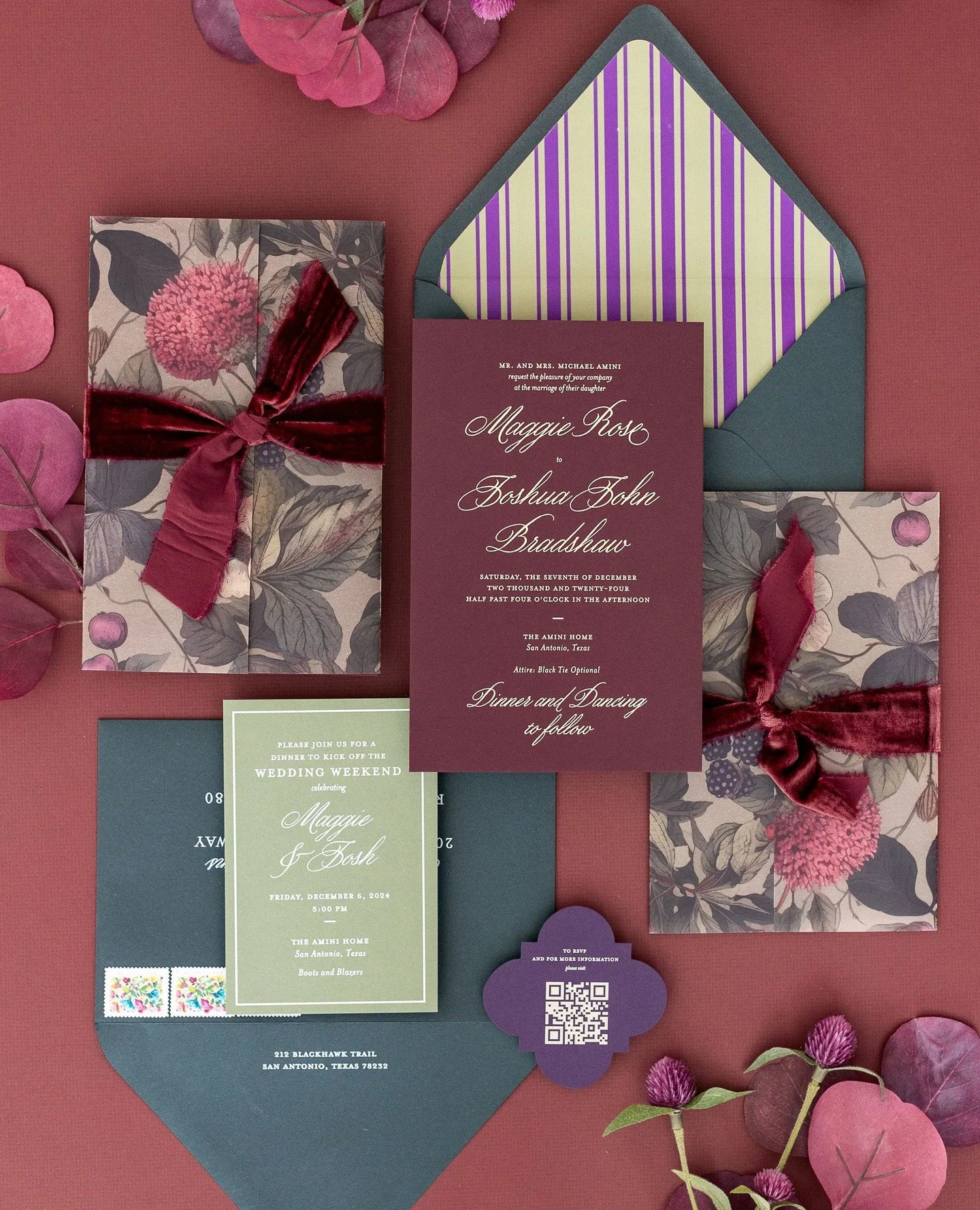 Even though winter time can be thought of with not much color, this bride totally embraced the rich color tones of the winter and holiday season for her wedding invitation suite! Deep burgundy, plums and forest green all wrapped up in velvet to lovin