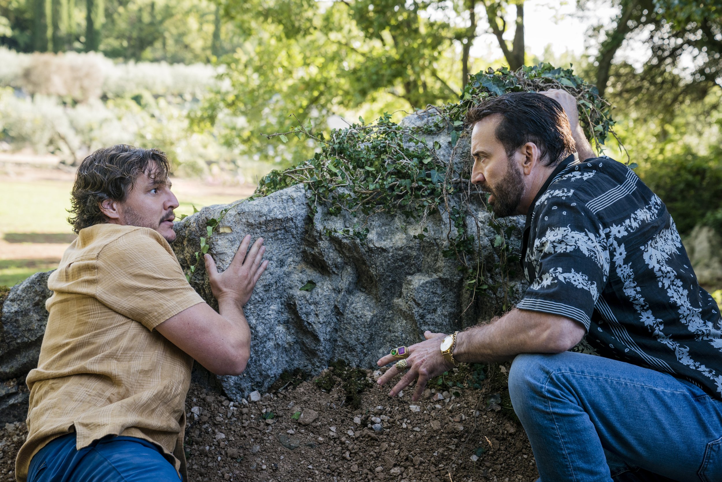Pedro Pascal as Javi and Nicholas Cage as “fictionalized version of himself” in The Unbearable Weight of Massive Talent. Katalin Vermes/Lionsgate