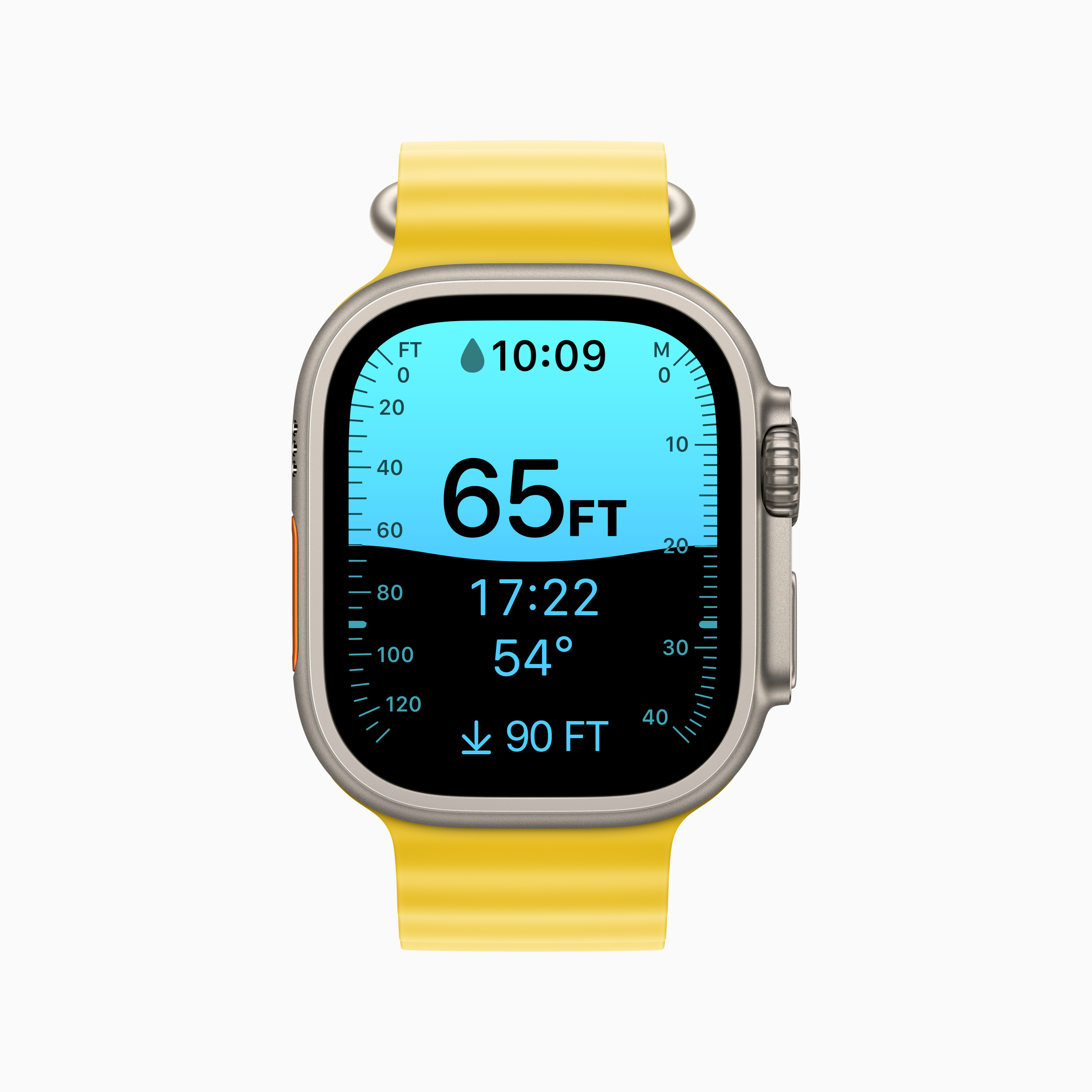Apple-Watch-Ultra-Yellow-Ocean-band-Depth-app-220907.png
