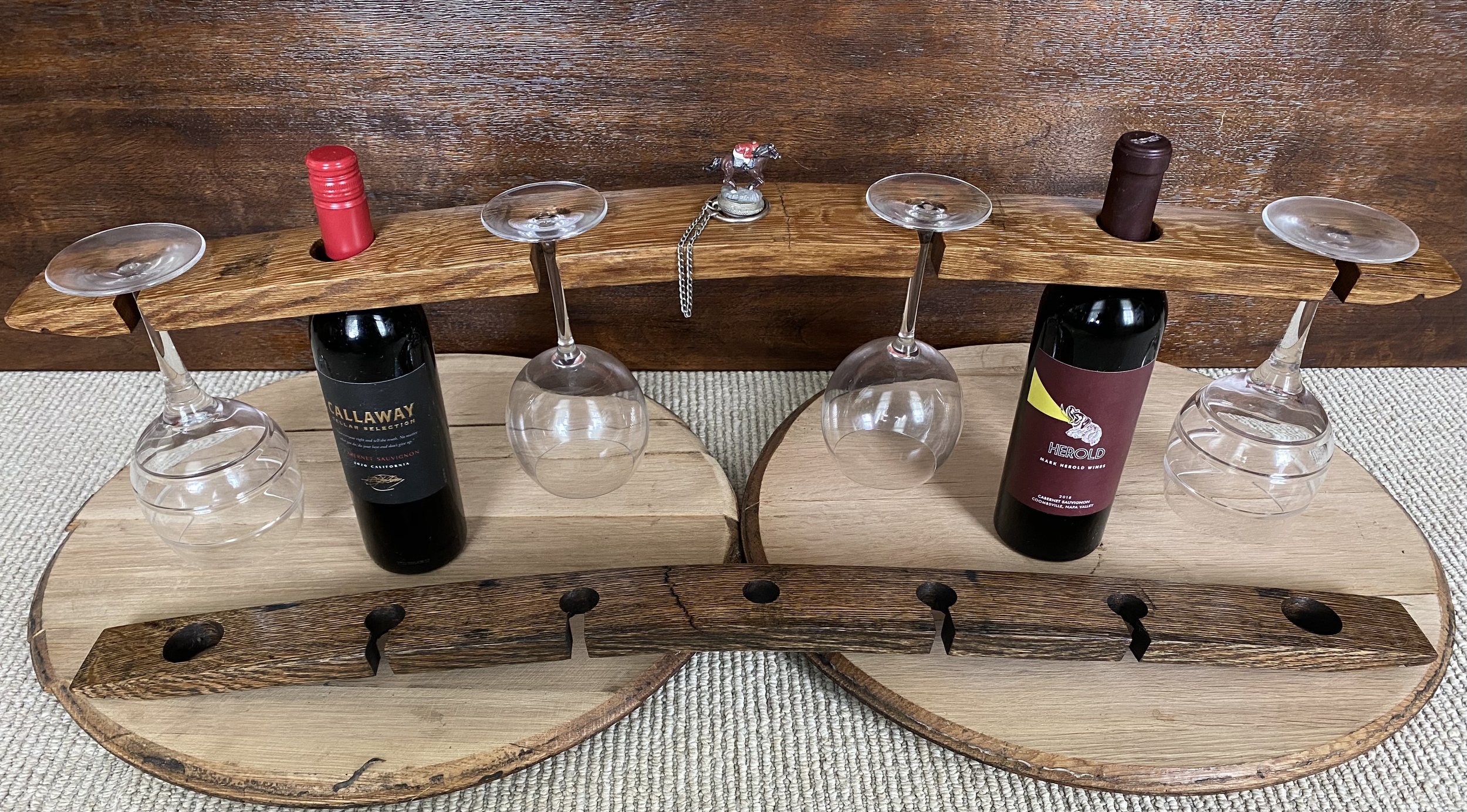 Custom Made Bourbon Stave Duo-Wine Bottle and Wine Glass Display with Bottle Stopper