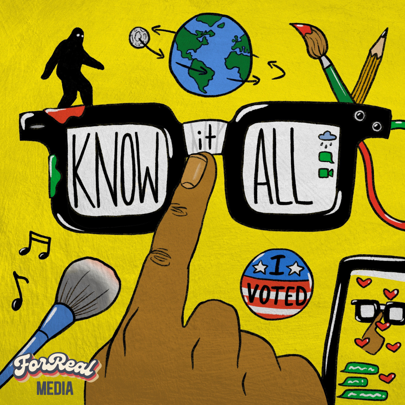 Podcast cover "KNOW IT ALL." Various objects include a small globe, a person walking, a paintbrush, a pencil, a makeup brush, music notes, a voting badge, and a smartphone with a face and glasses.