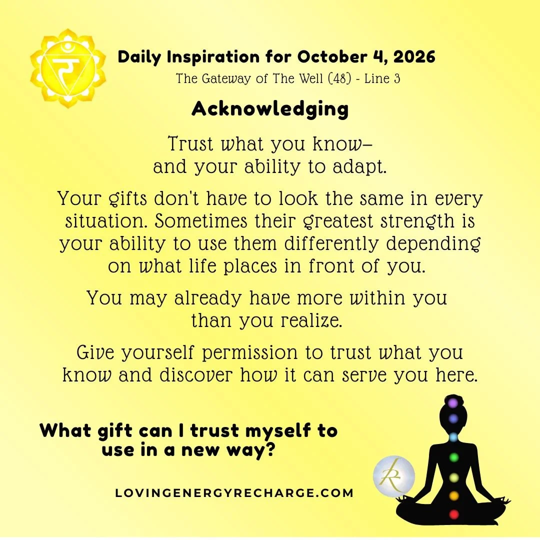 The Sun's Transit into the 3rd Line of the Gateway of The Well today invites reflection on, "What gift can I trust myself to use in a new way?"

#humandesign  #InnerAlchemy #chakraalignment #soulguidance #lovingenergyrecharge #dailyinspirat