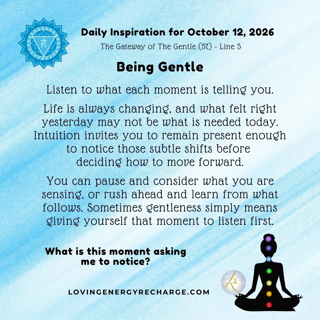 The Sun's Transit into the 5th Line of the Gateway of The Gentle today invites reflection on, "What is this moment asking me to notice?"
 
#humandesign  #InnerAlchemy #chakraalignment #soulguidance #lovingenergyrecharge #dailyinspiration