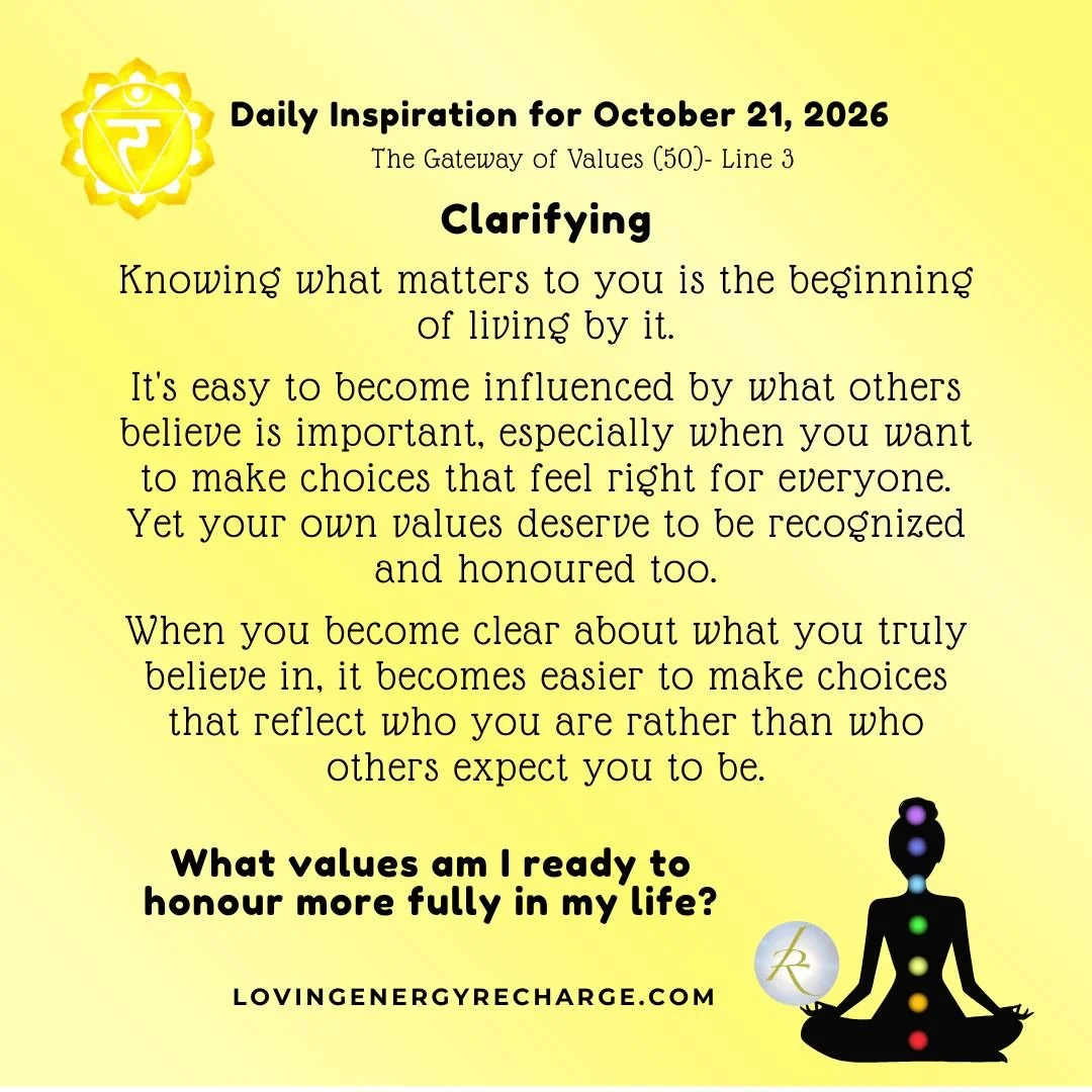The Sun's Transit into the 3rd Line of the Gateway of Values today invites reflection on, "What values am I ready to honour more fully in my life?"

#humandesign  #InnerAlchemy #chakraalignment #soulguidance #lovingenergyrecharge #dailyinsp