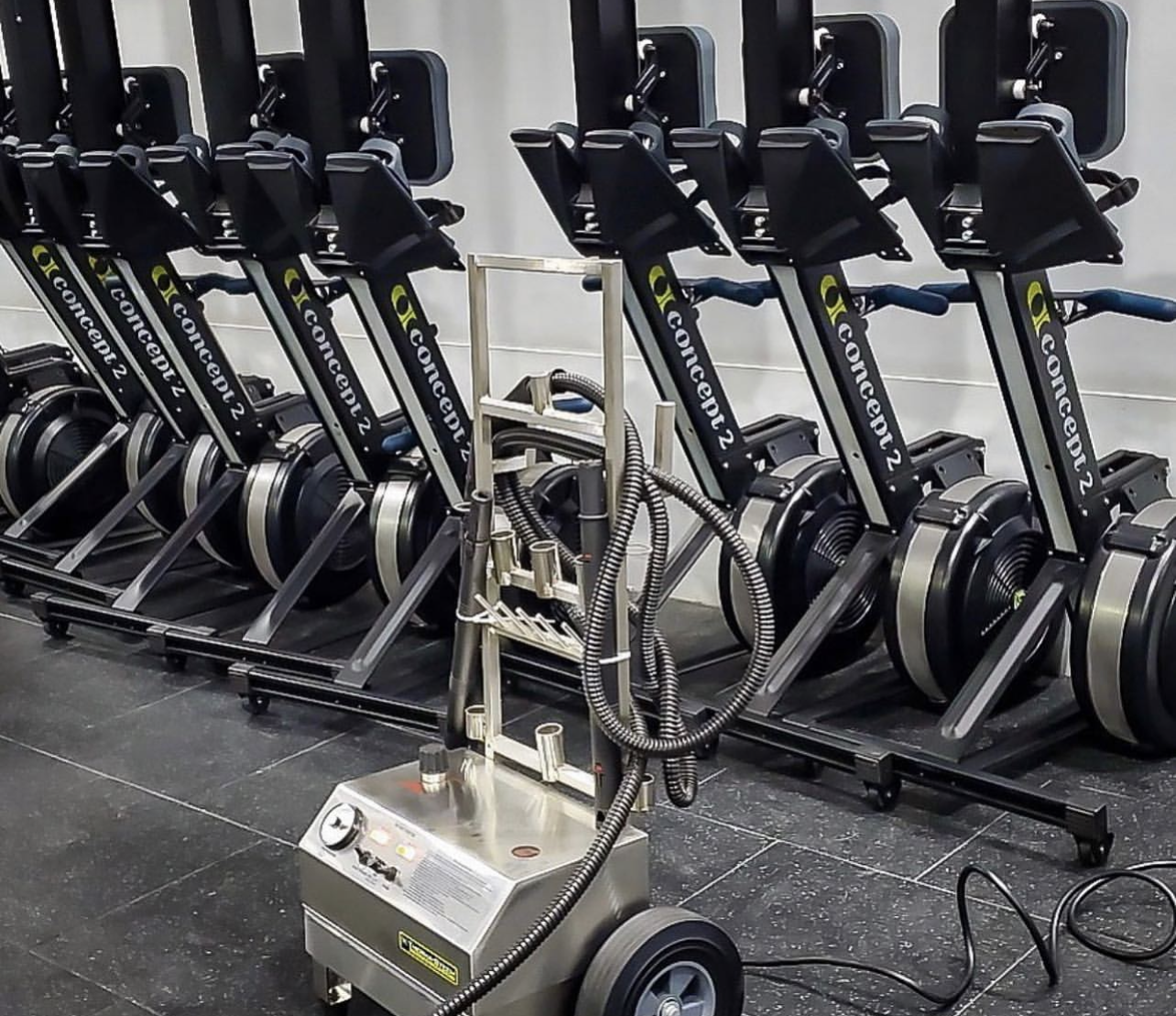 Gym maintenance and cleaning with our THERMA-STEEM steam cleaner on a Concept2 RowErg Rower at CrossFit Downtown Santa Ana