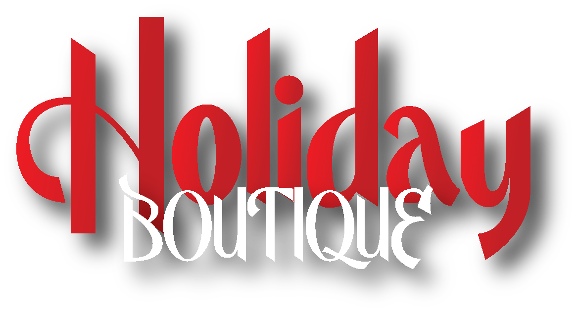 Graphic text reading 'Holiday Boutique' with 'Holiday' in large red letters and 'Boutique' in smaller white letters underneath on a black background.