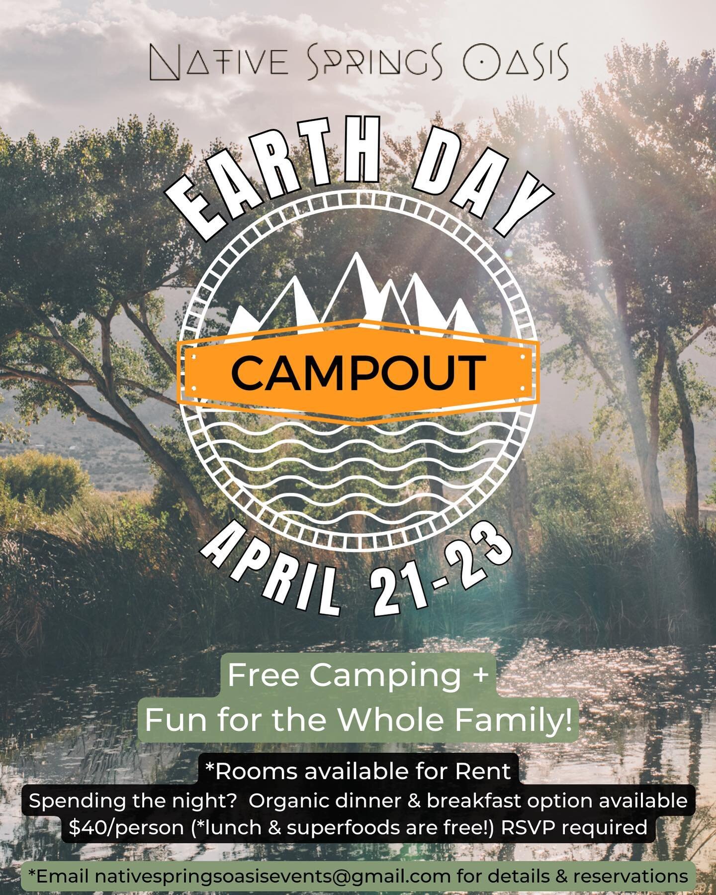 Native Springs Oasis Earth Day Campout! 🌎🏕✨

We have decided to kick off spring 2023 with a FREE community event in celebration of Earth Day.  April 21-23

Free Camping, Free Lunches, and Free Purium Superfoods! 🌱 We will celebrate Earth Day by ge