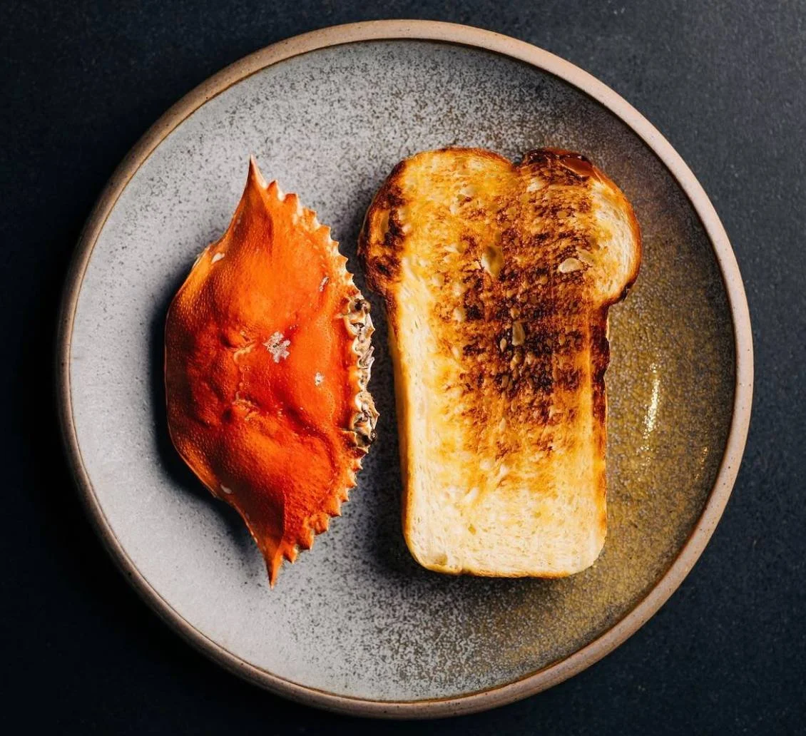 overhead view of spanner crab and toast