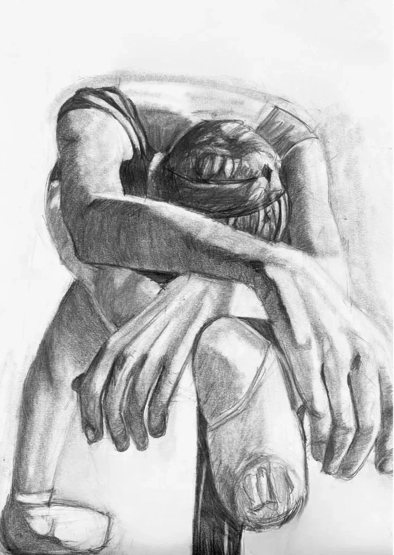 A pencil sketch of a person resting their head on their crossed arms, sitting with one knee up, viewed from the back.