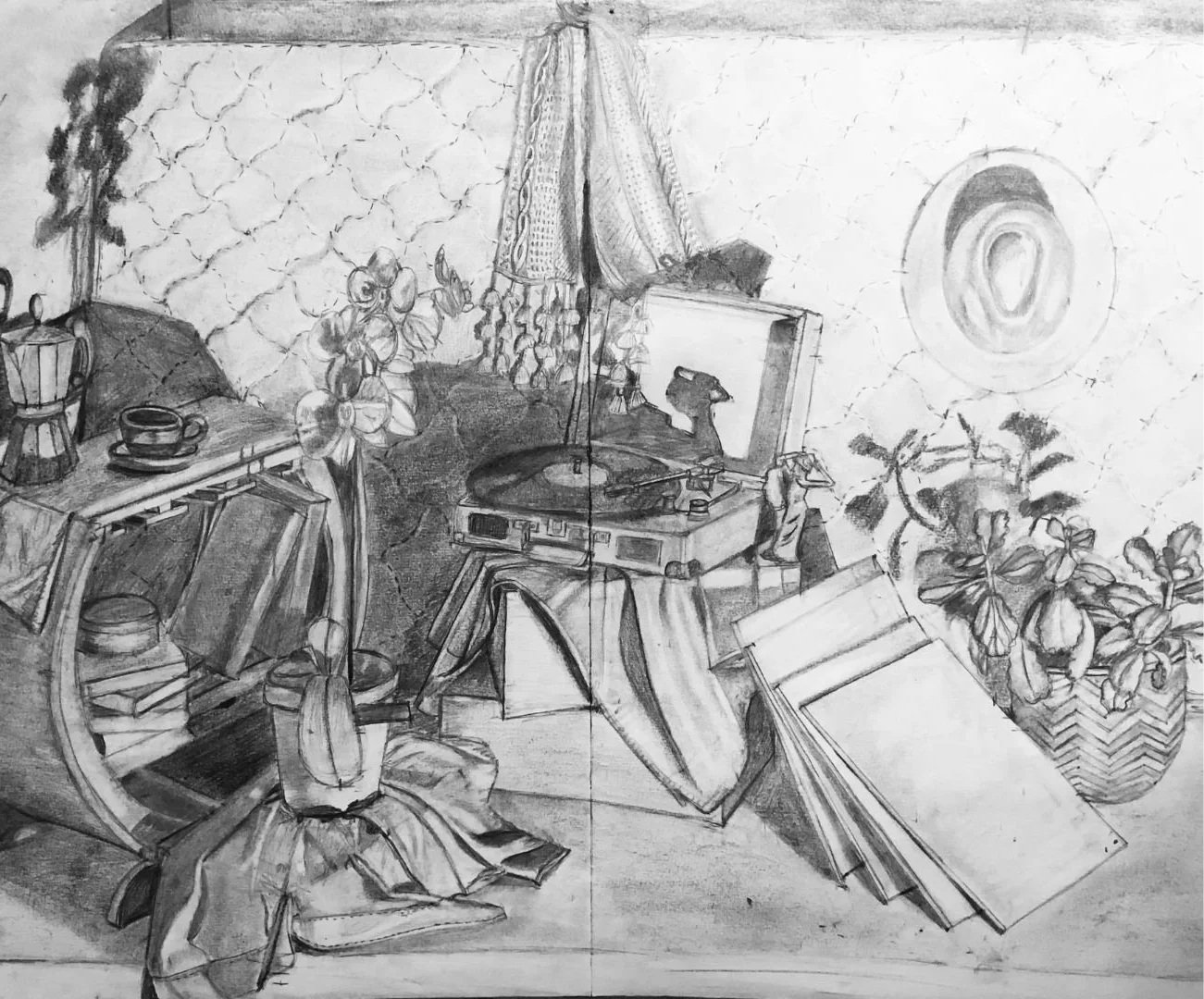 A detailed pencil sketch of a still life composition featuring a gramophone, potted plants, books, a table with a cup, a wall clock, and various decorative objects arranged on different surfaces.