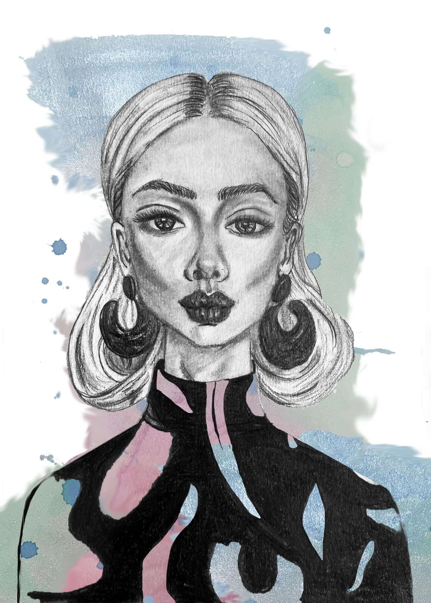 A black and white sketch of a woman with long hair, large hoop earrings, and bold makeup, set against a watercolor background with blue, green, and pink splashes.