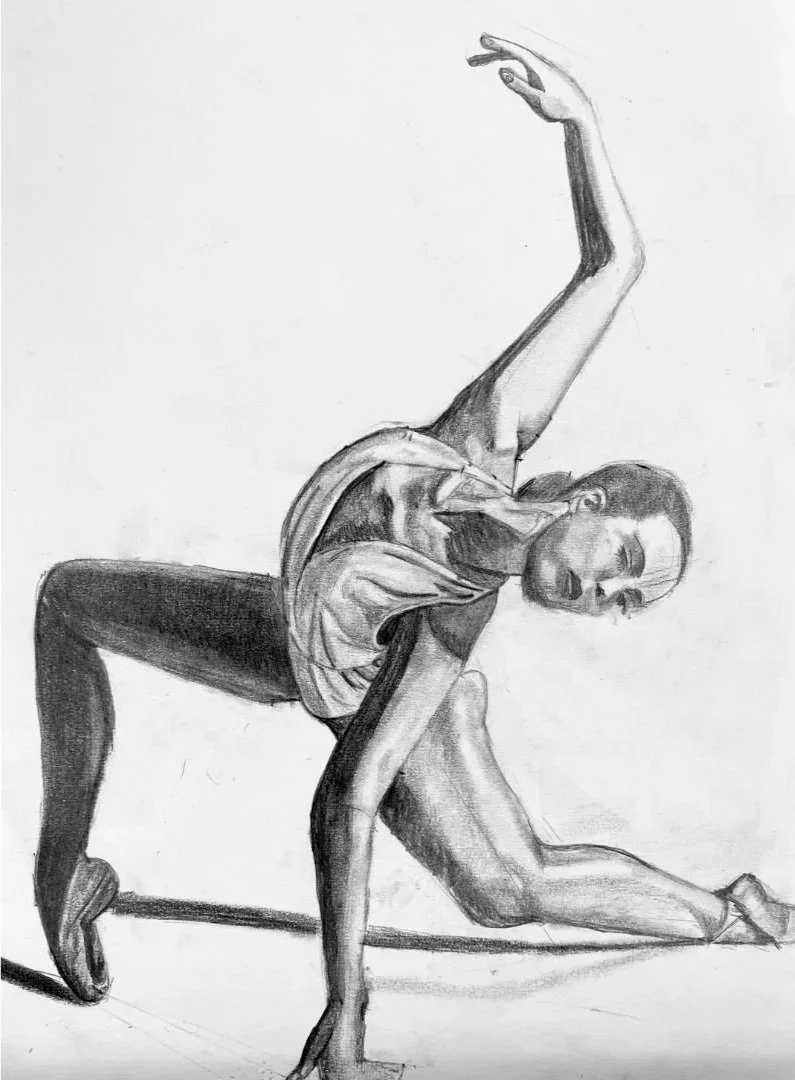 A detailed pencil sketch of two women performing a contemporary dance pose, one balancing on her hand and knee, with the other resting on her back, against a plain background.