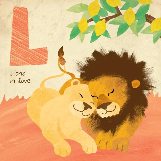 Illustration of two cuddling lions under a lemon tree with the letter 'L' and the text 'Lions in love'.
