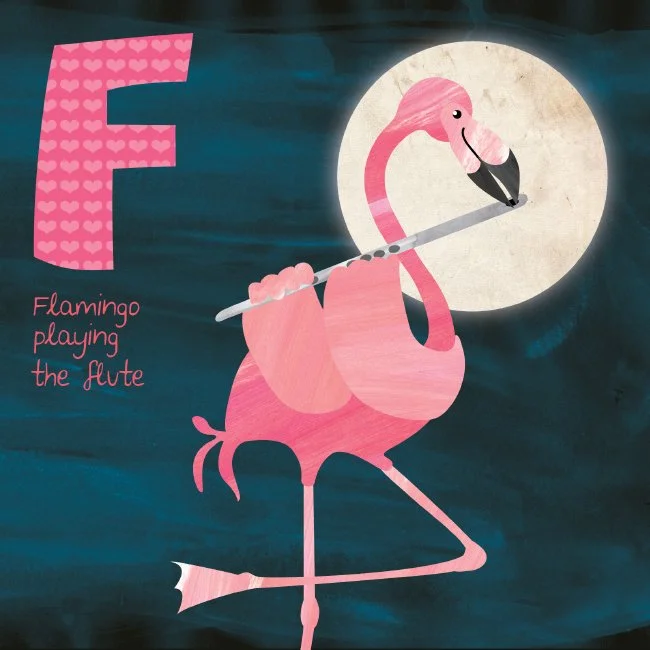 Illustration of a pink flamingo playing a flute in front of the moon, with the letter 'F' and the text 'Flamingo playing the flute' shown on the left.