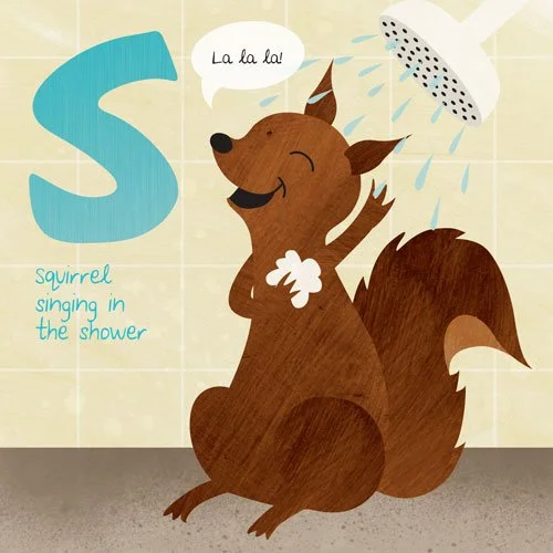 Illustration of a squirrel singing in the shower with the letter 'S' and text "squirrel singing in the shower".