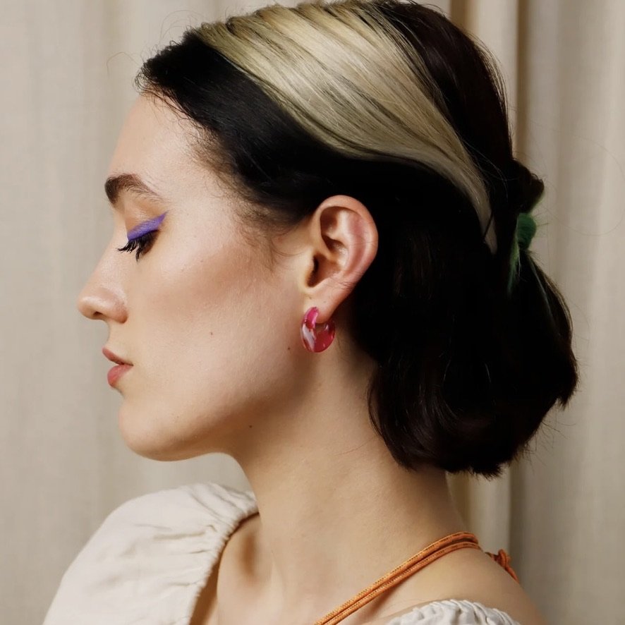 Cassia Studs Raspberry Crush on model.jpeg
