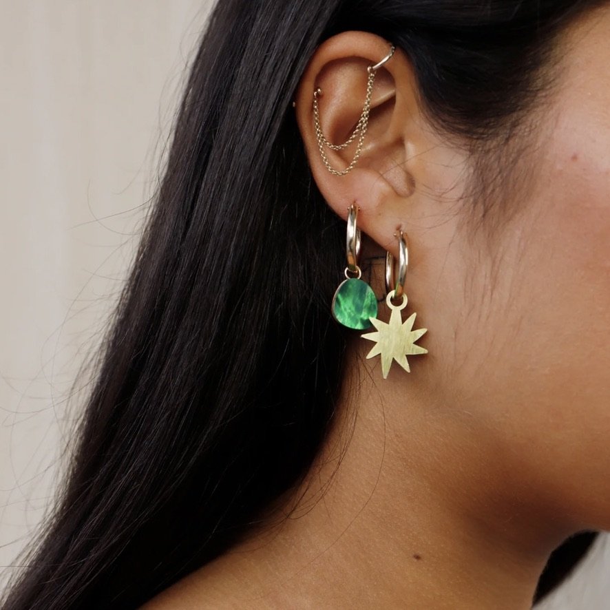 Kara Interchangeable Charm Hoops Emerald close-up on model.jpeg