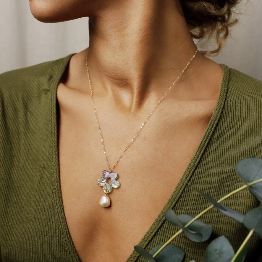 Billie Necklace Iridescent Ripple on model.jpeg