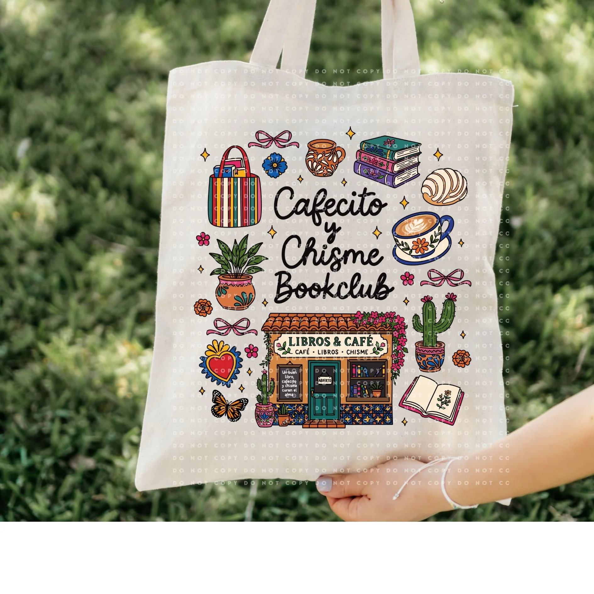 Cafecito y chisme bookclub tote bag