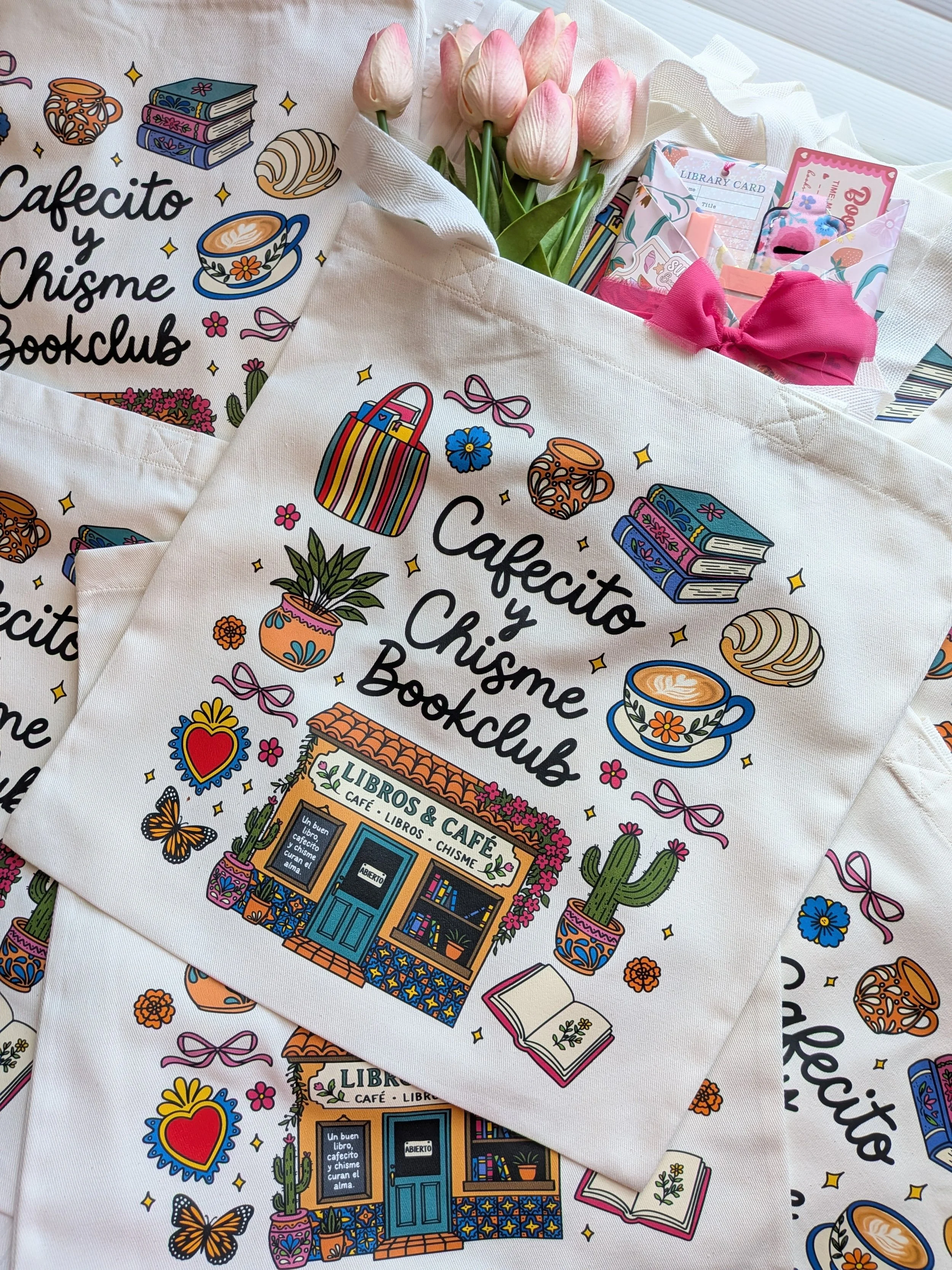 Cafecito y chisme bookclub tote bag