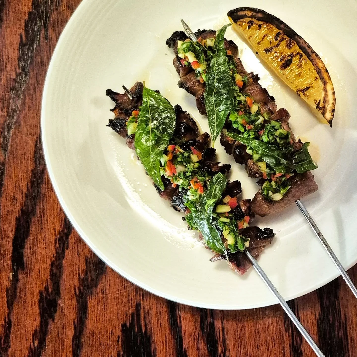 Ox tongue skewer, chimichurri &amp; curry leaf.  Great 'lil snack, one is never enough.