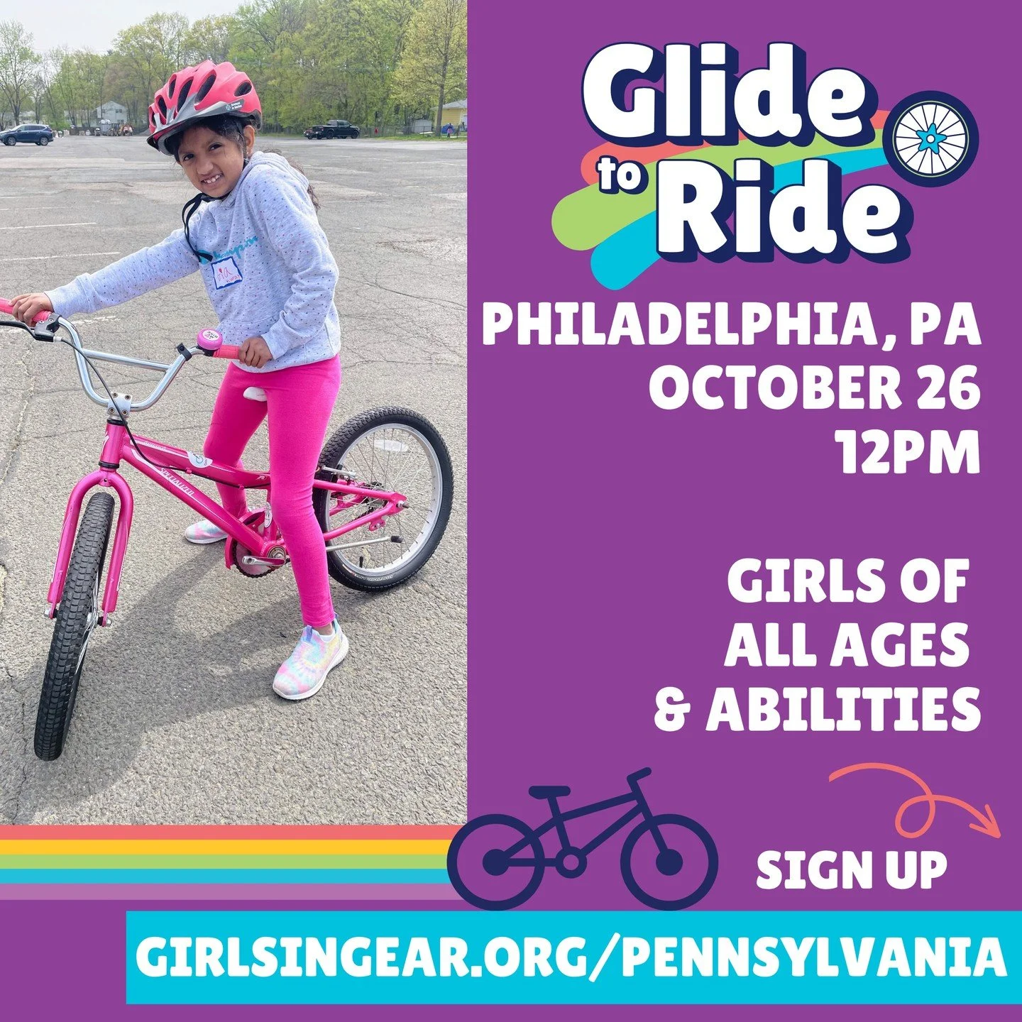 Philadelphia, are you ready to ride? Girls of all ages and abilities are invited to join us for our Glide to Ride clinic on October 26, from 12-2 PM.

Our Glide to Ride clinic welcomes riders at every skill level. With supportive coaching and a safe,