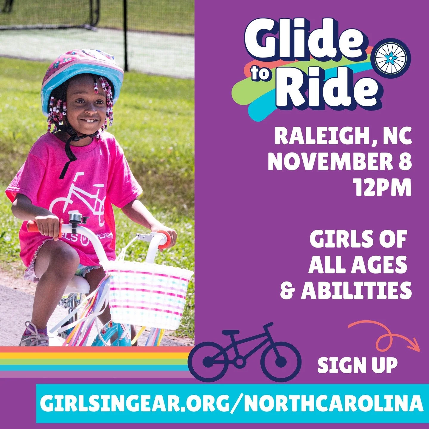 Let's ride, Raleigh! Girls of all ages and abilities are invited to join us for our Glide to Ride clinic on November 8, from 12-2 PM, with our friends at @the.bike.library. 

Our Glide to Ride clinic welcomes riders at every skill level. With support