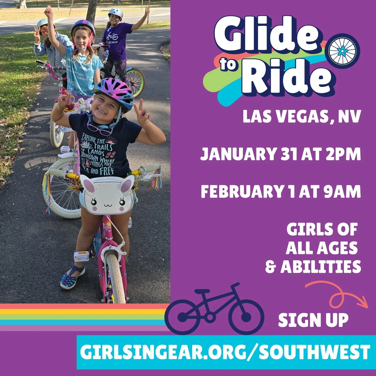 We're backkkkkk! Girls of all ages and abilities are invited to join us on January 31 or February 1 for two back-to-back chances to learn-to-ride with us. 

Our Glide to Ride clinic is perfect for girls learning to pedal for the first time - from &ld