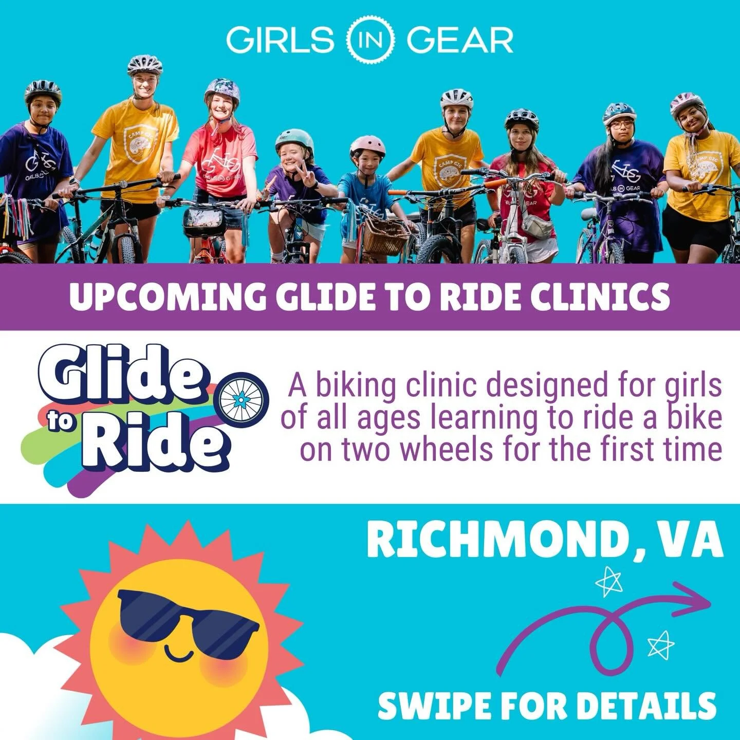 Richmond, we&rsquo;re backkkkkk! Girls of all ages and abilities are invited to join us three times in March for back-to-back chances to learn-to-ride with us. Come for one, two, or all three clinics.

Our Glide to Ride clinic is perfect for girls le