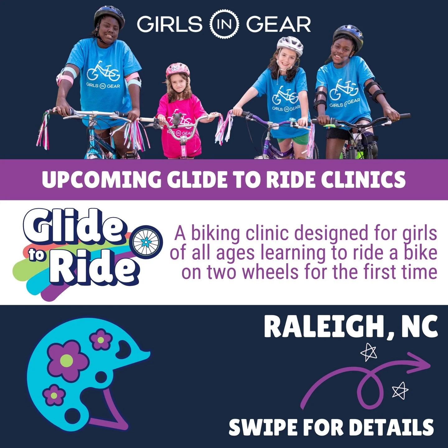 Raleigh, are you ready to roll? Girls of all ages and abilities are invited to join us on March 14 and 21 for two back-to-back chances to learn-to-ride with us. Join us for one or both clinics. 

Our Glide to Ride clinic is perfect for girls learning