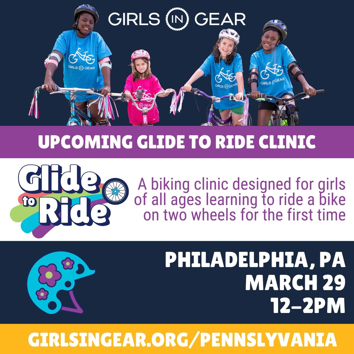 Philadelphia, Girls of all ages and abilities are invited to join us on March 29 to learn how to ride a bike. 🚲 

Our Glide to Ride clinic is perfect for girls learning to pedal for the first time - from &ldquo;too-nervous-to-try&rdquo; to &ldquo;so