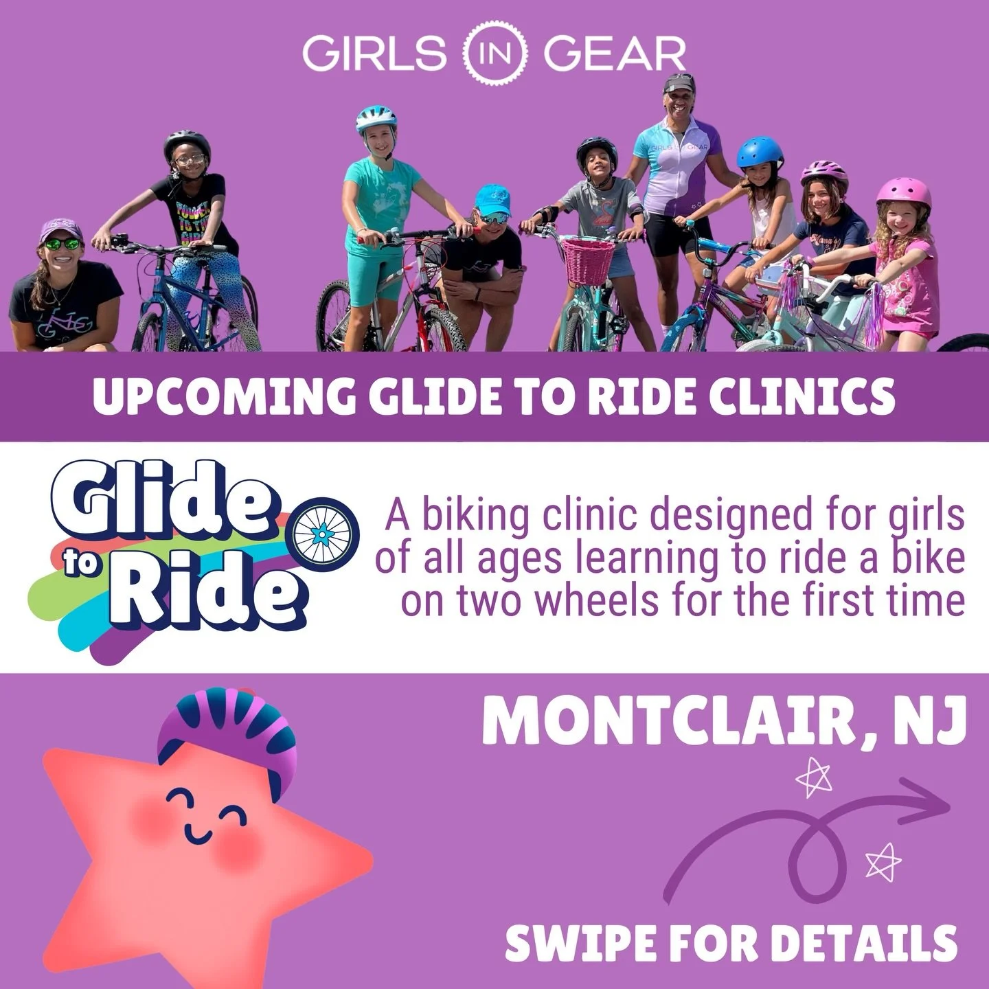 Montclair, we&rsquo;re back for spring! Girls of all ages and abilities are invited to join us on April 19 and May 30 for two back-to-back chances to learn-to-ride with us. Come to one or both clinics. 

Our Glide to Ride clinic is perfect for girls 