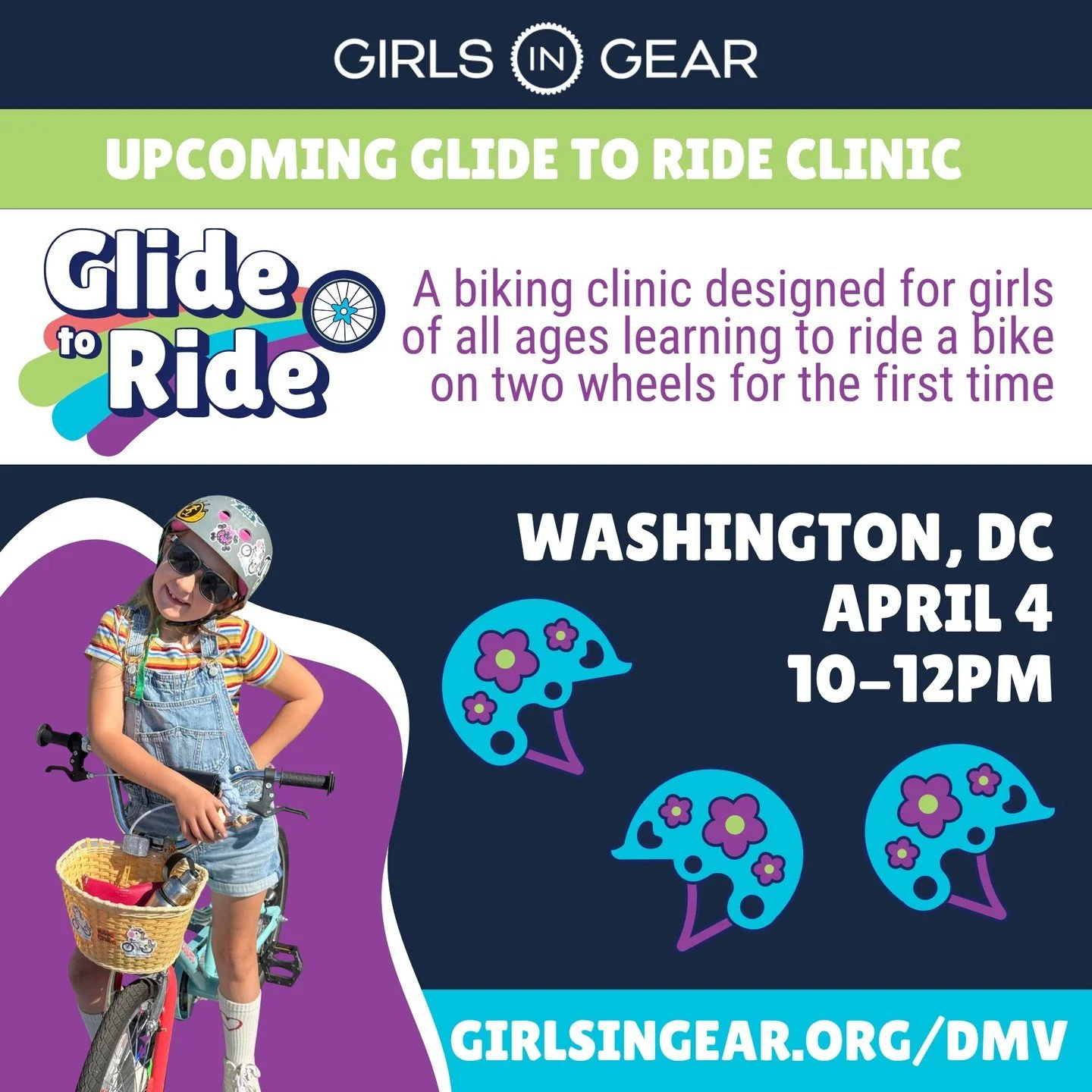 Washington, DC ready to roll again? Girls of all ages and abilities are invited to join us for our next Glide to Ride clinic on April 4 from 10-12pm at Rock Creek Park. 

Our Glide to Ride clinic is perfect for girls learning to pedal for the first t