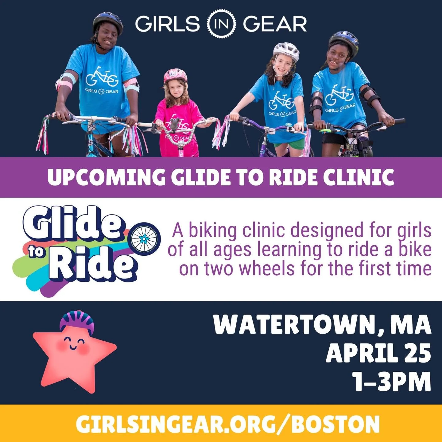 Hi, Watertown 👋🏻 we&rsquo;re inviting girls of all ages and abilities to come learn to ride with us on April 25!

Our Glide to Ride clinic is perfect for girls learning to pedal for the first time - from &ldquo;too-nervous-to-try&rdquo; to &ldquo;s