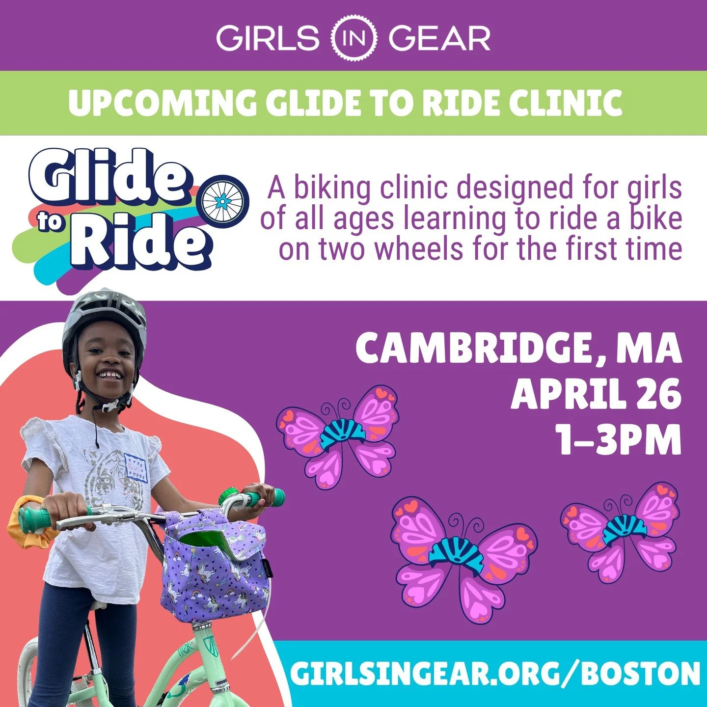 Are you ready to roll, Cambridge? We hope so because girls of all ages and abilities are invited to come learn to ride with us on April 26!

Our Glide to Ride clinic is perfect for girls learning to pedal for the first time - from &ldquo;too-nervous-