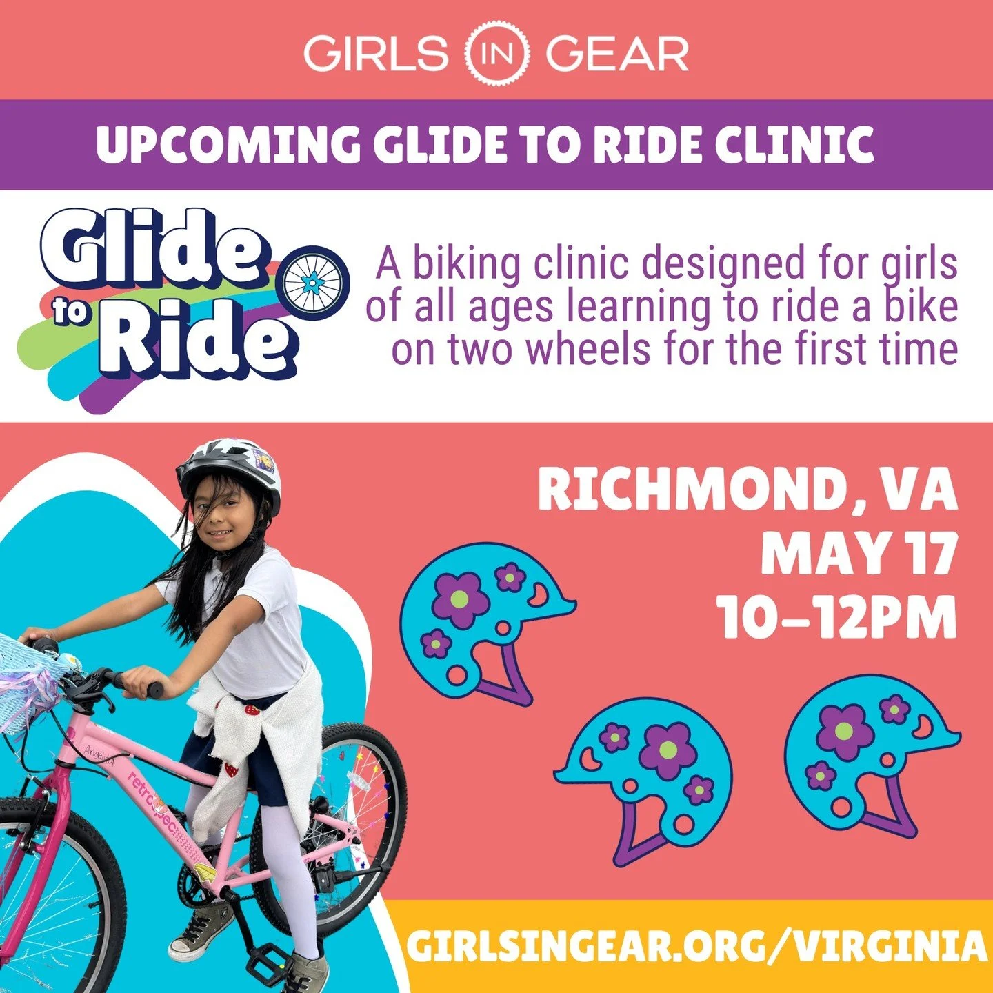 Richmond, let's roll! Girls of all ages and abilities are invited to join us this weekend for another chance to learn-to-ride with us. 

Our Glide to Ride clinic is perfect for girls learning to pedal for the first time - from &ldquo;too-nervous-to-t
