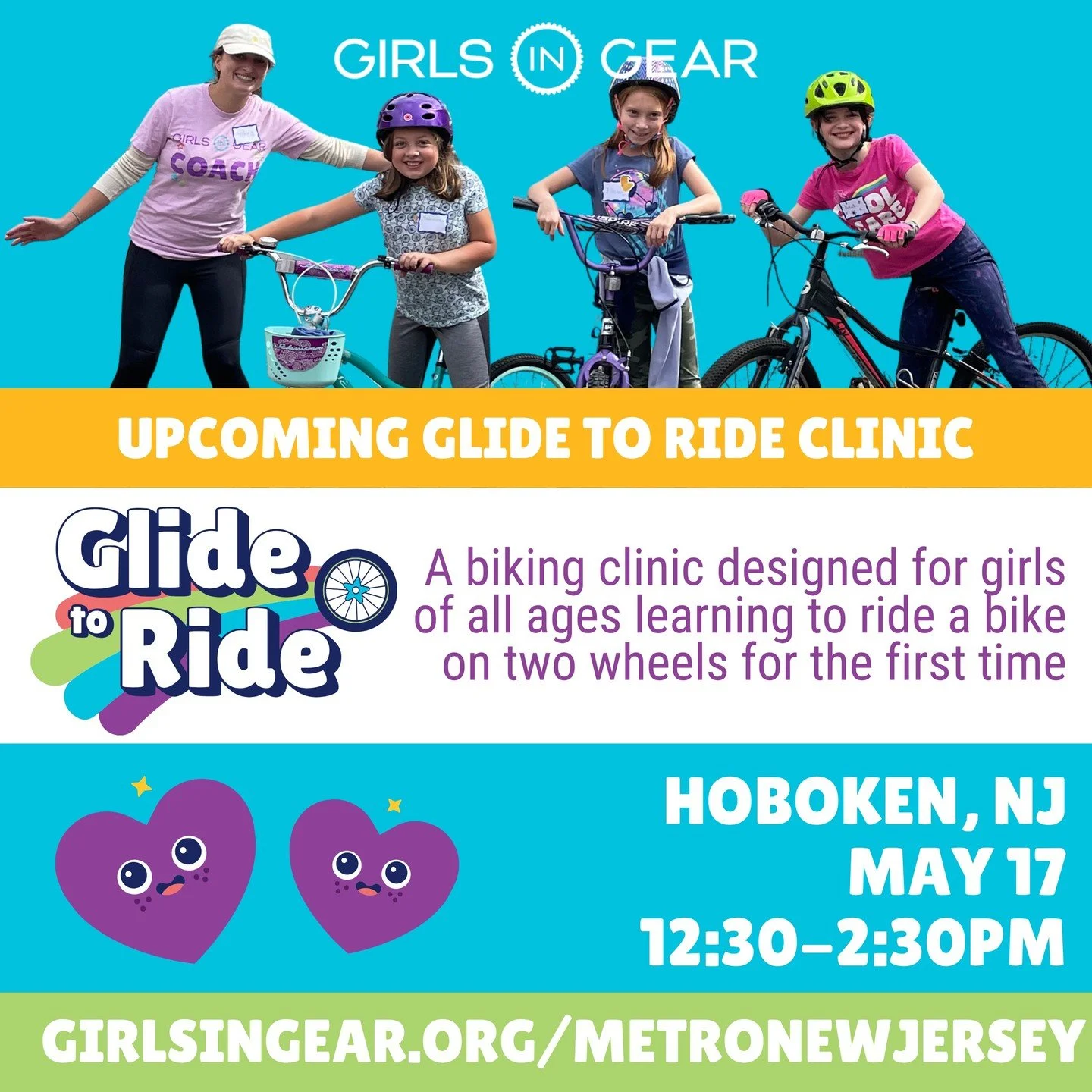 Hoboken, come bike with us! Girls of all ages and abilities are invited to join us this weekend for another chance to learn-to-ride with us.

Our Glide to Ride clinic is perfect for girls learning to pedal for the first time - from &ldquo;too-nervous