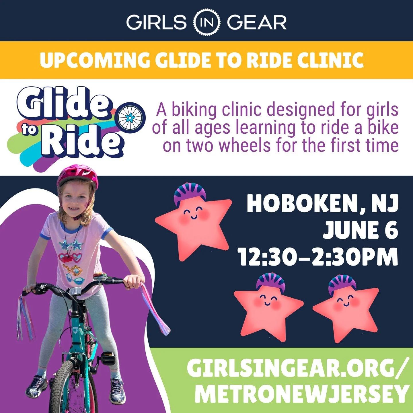 Hoboken, come bike with us! Girls of all ages and abilities are invited to join us this weekend for another chance to learn-to-ride with us.

Our Glide to Ride clinic is perfect for girls learning to pedal for the first time - from &ldquo;too-nervous