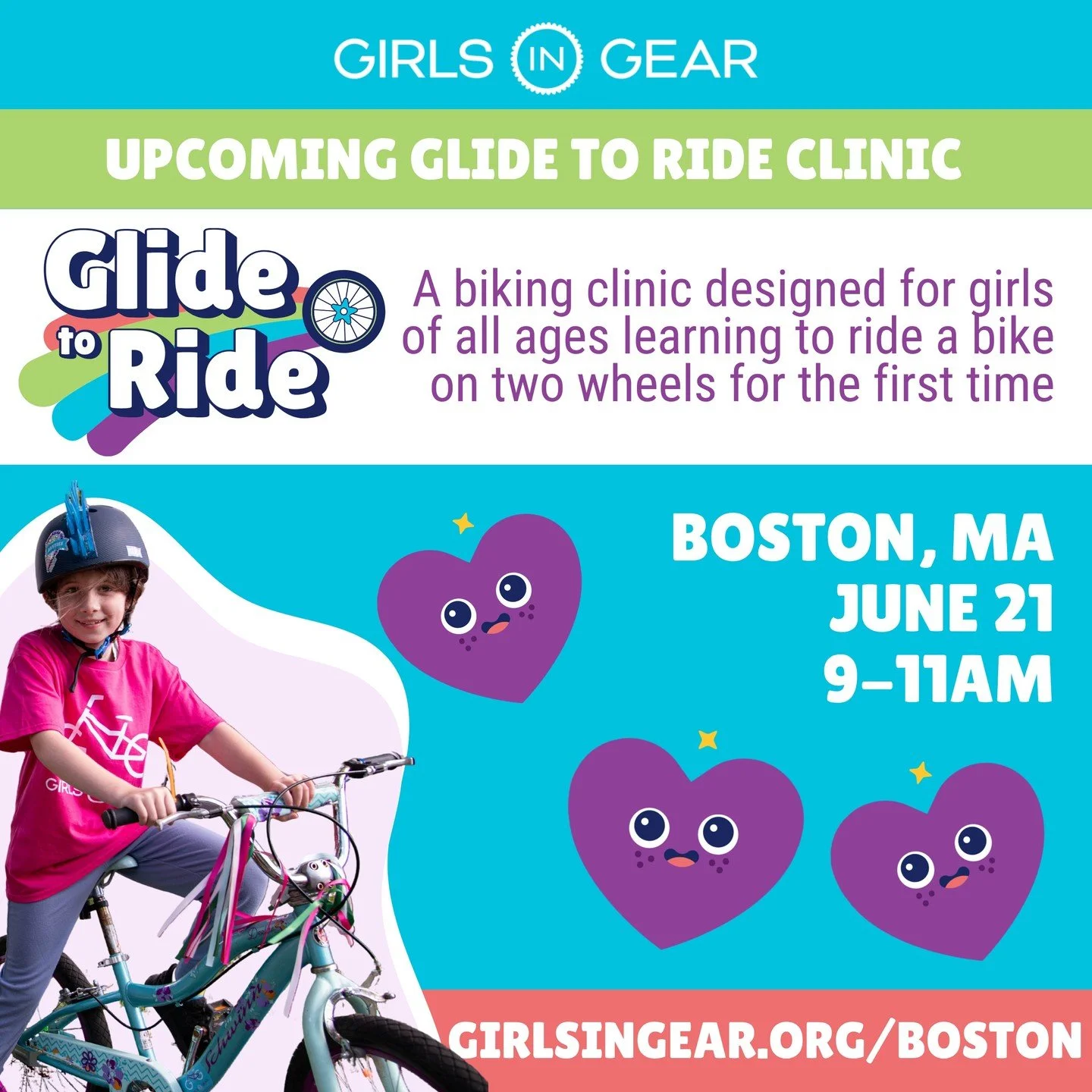 Let's get biking, Boston! We&rsquo;ve got another chance to learn to ride with us this for girls of all ages and abilities, on June 21 in Allston. 🚲

Our Glide to Ride clinic is perfect for girls learning to pedal for the first time - from &ldquo;to